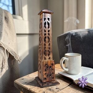 Hand Carved Wooden Ash Catcher Incense Burner Tower | Boho Meditation Decor